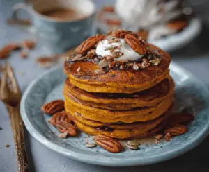 Fluffy vegan pumpkin pancakes topped with maple syrup and cinnamon served on a white plate, perfect for a cozy autumn breakfast.
