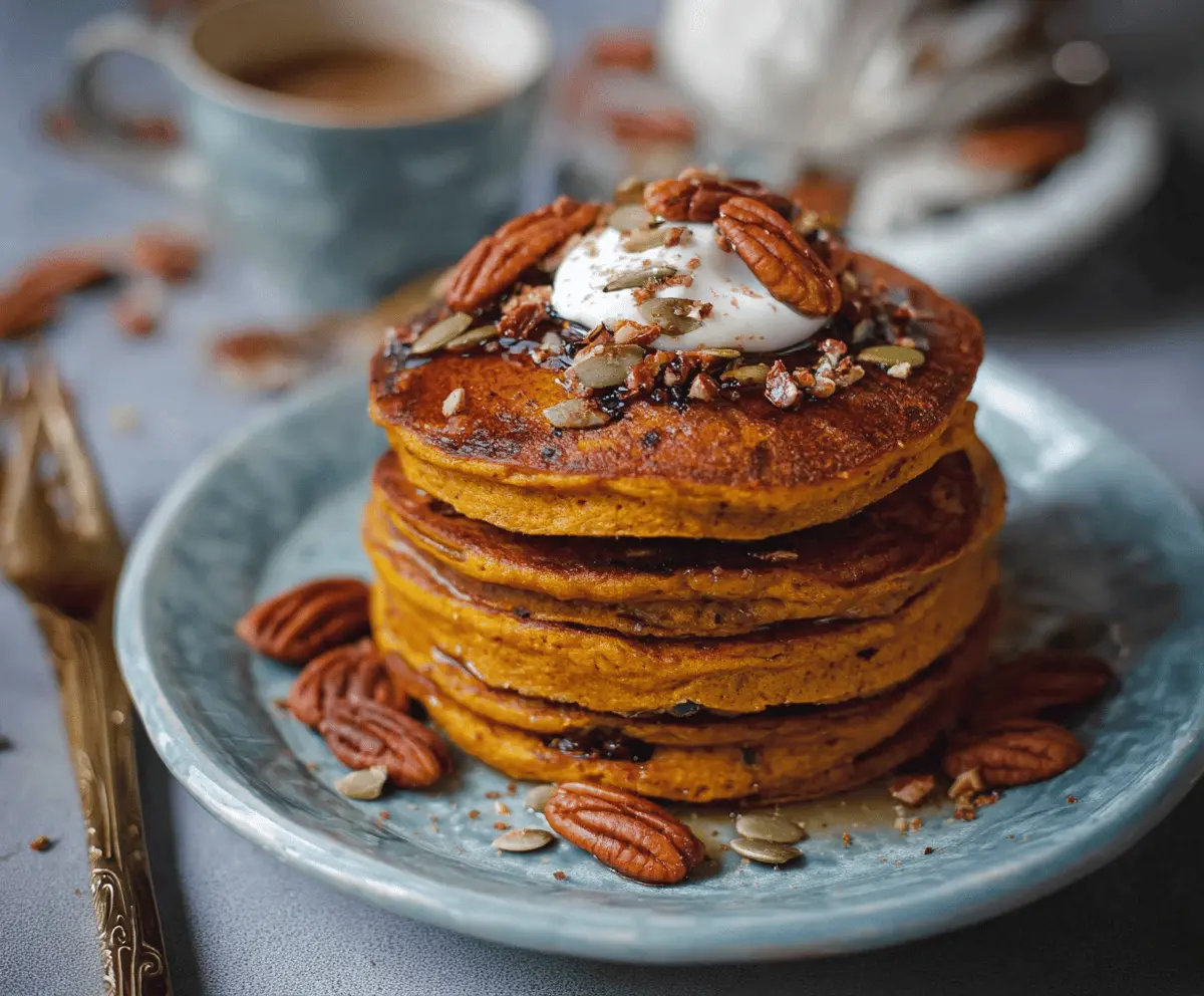 Fluffy vegan pumpkin pancakes topped with maple syrup and cinnamon served on a white plate, perfect for a cozy autumn breakfast.