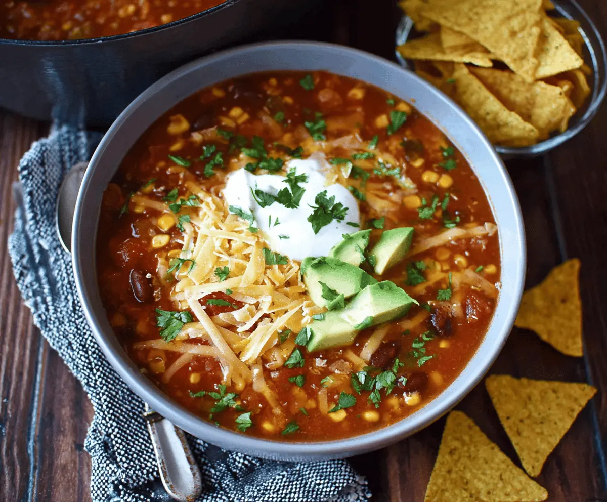 Hearty vegetarian taco soup in a bowl garnished with fresh cilantro and diced avocado, topped with shredded cheese and crunchy tortilla chips.