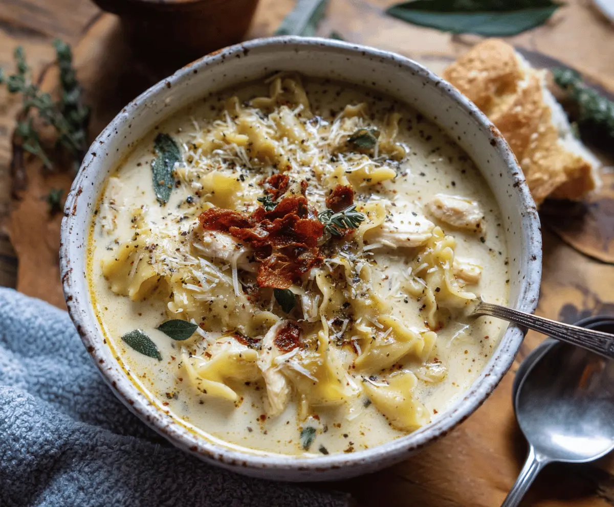 Creamy white chicken lasagna soup with shredded chicken, melted cheese, and fresh herbs in a comforting bowl