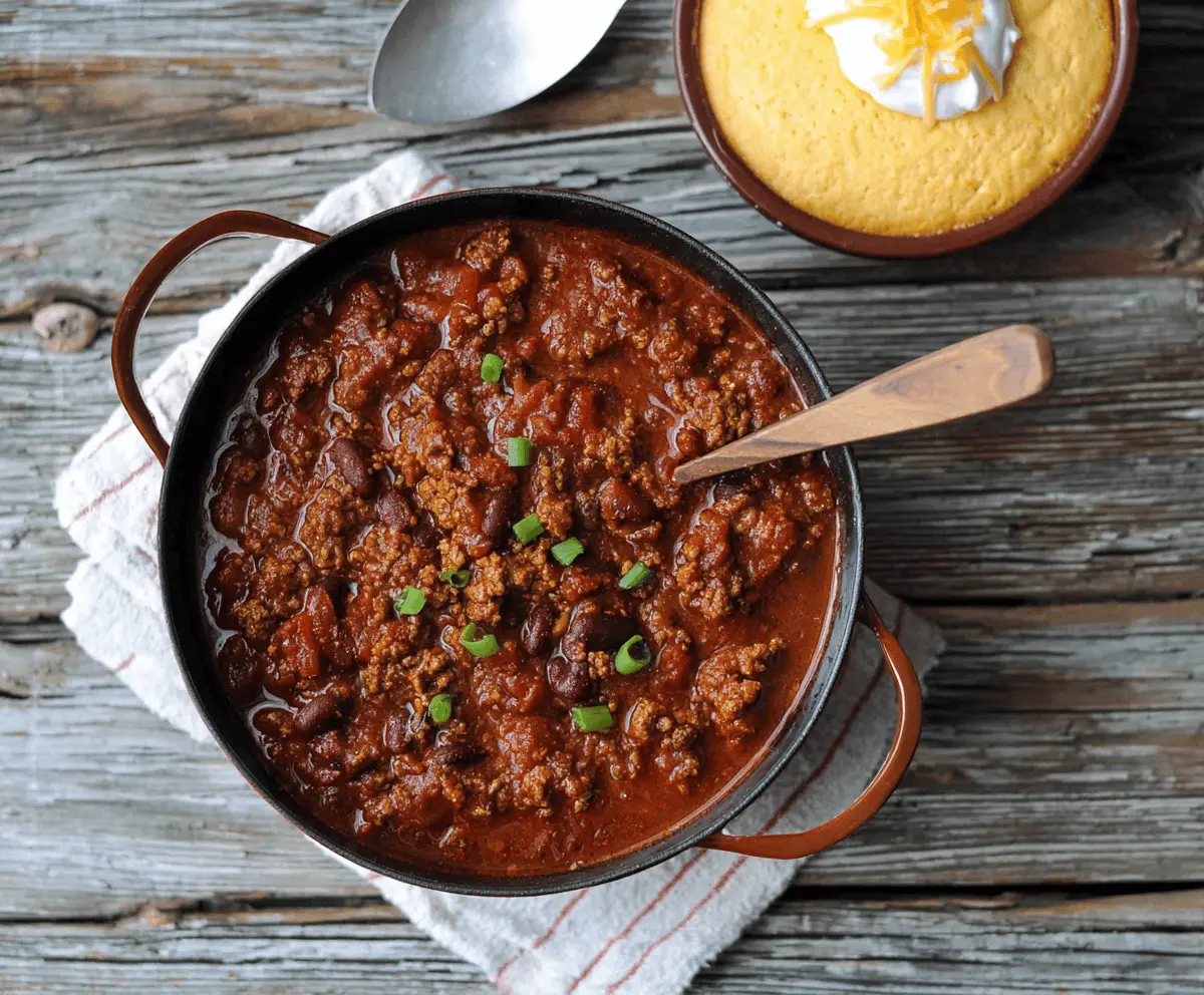 A delicious bowl of hearty 30-minute chili topped with shredded cheese, fresh herbs, and a side of crusty bread, perfect for quick and satisfying meals.