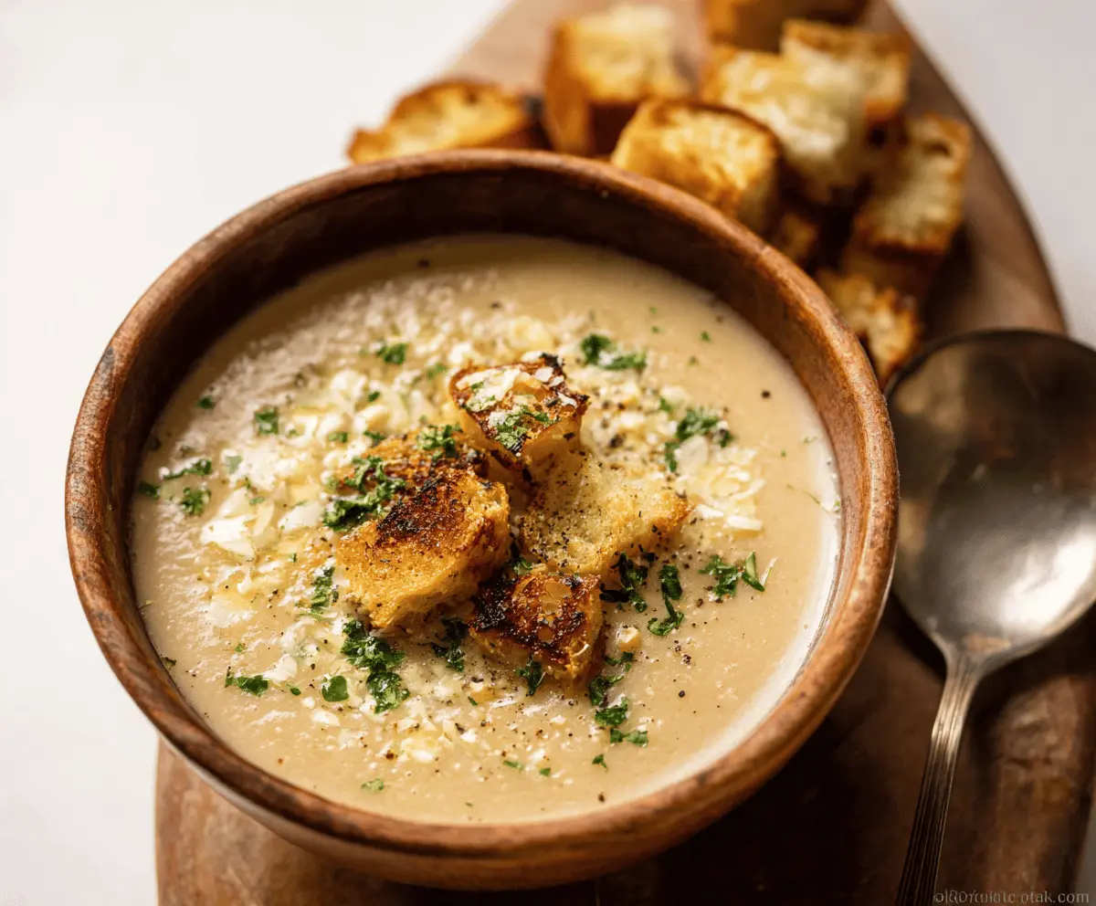 A bowl of authentic Italian garlic soup garnished with fresh herbs, served with crusty bread on a rustic wooden table.