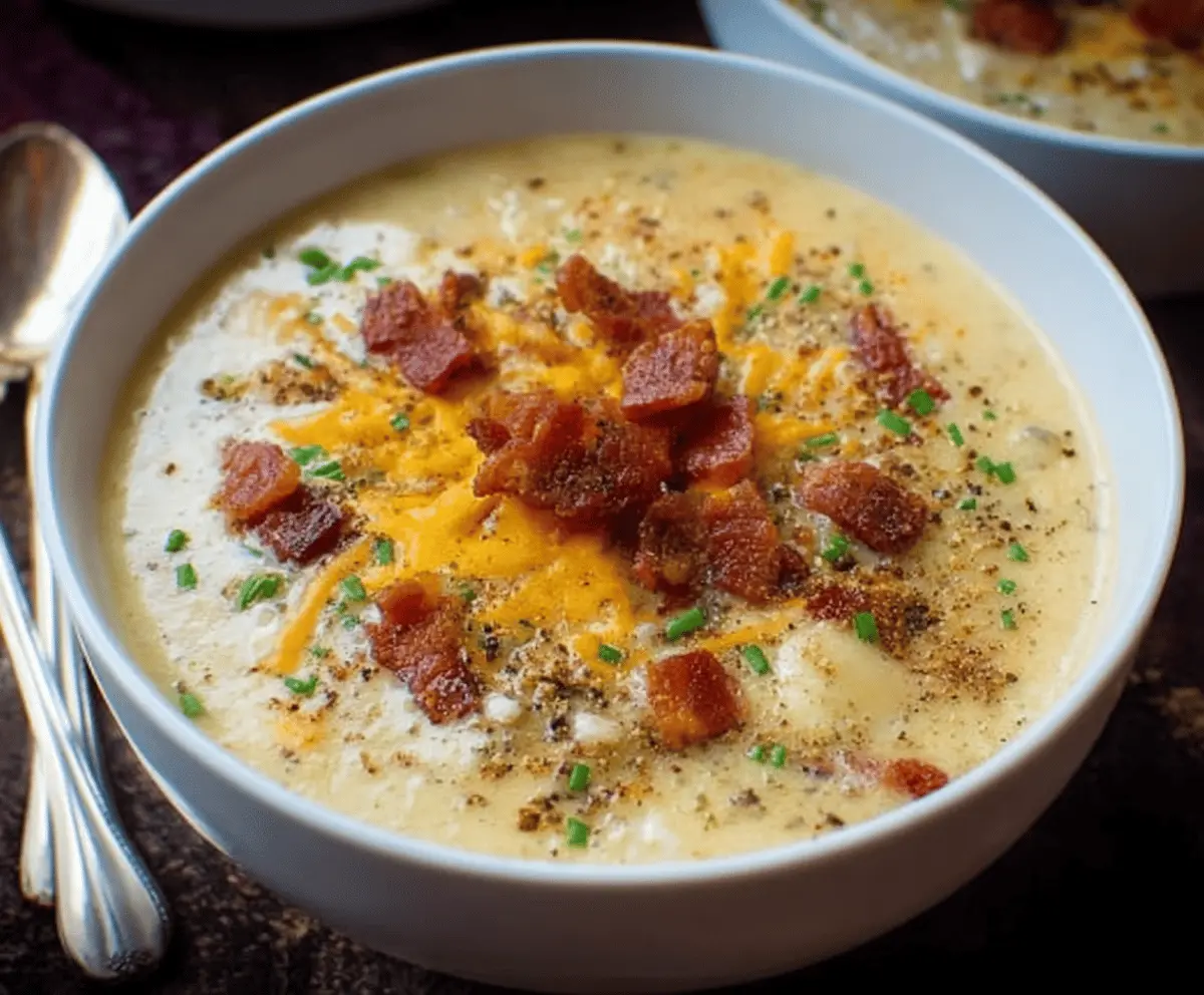 Creamy bacon potato soup with crispy bacon pieces and fresh herbs in a bowl, perfect for a comforting meal.
