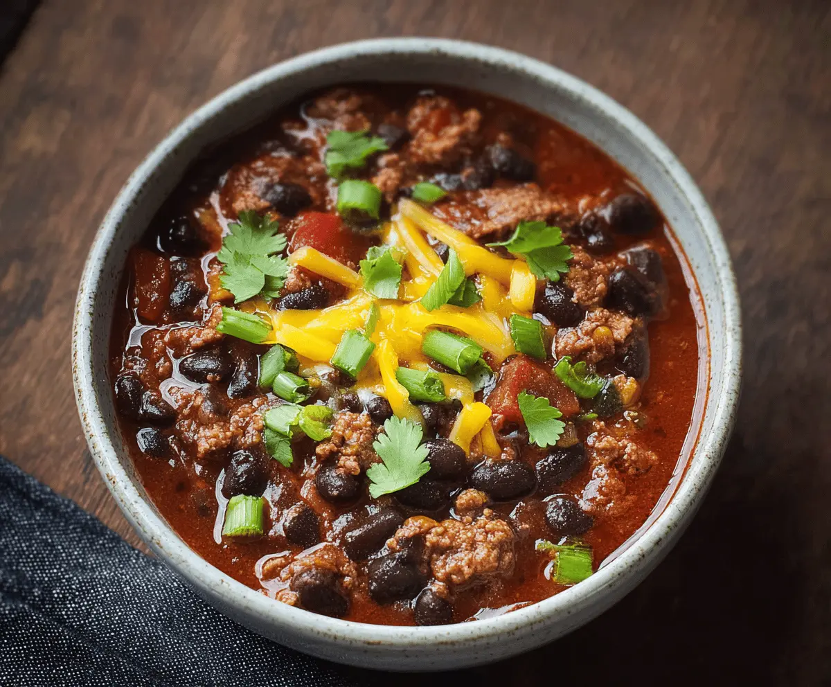 A bowl of hearty black bean chili topped with fresh cilantro and sour cream, served with crusty bread on the side.