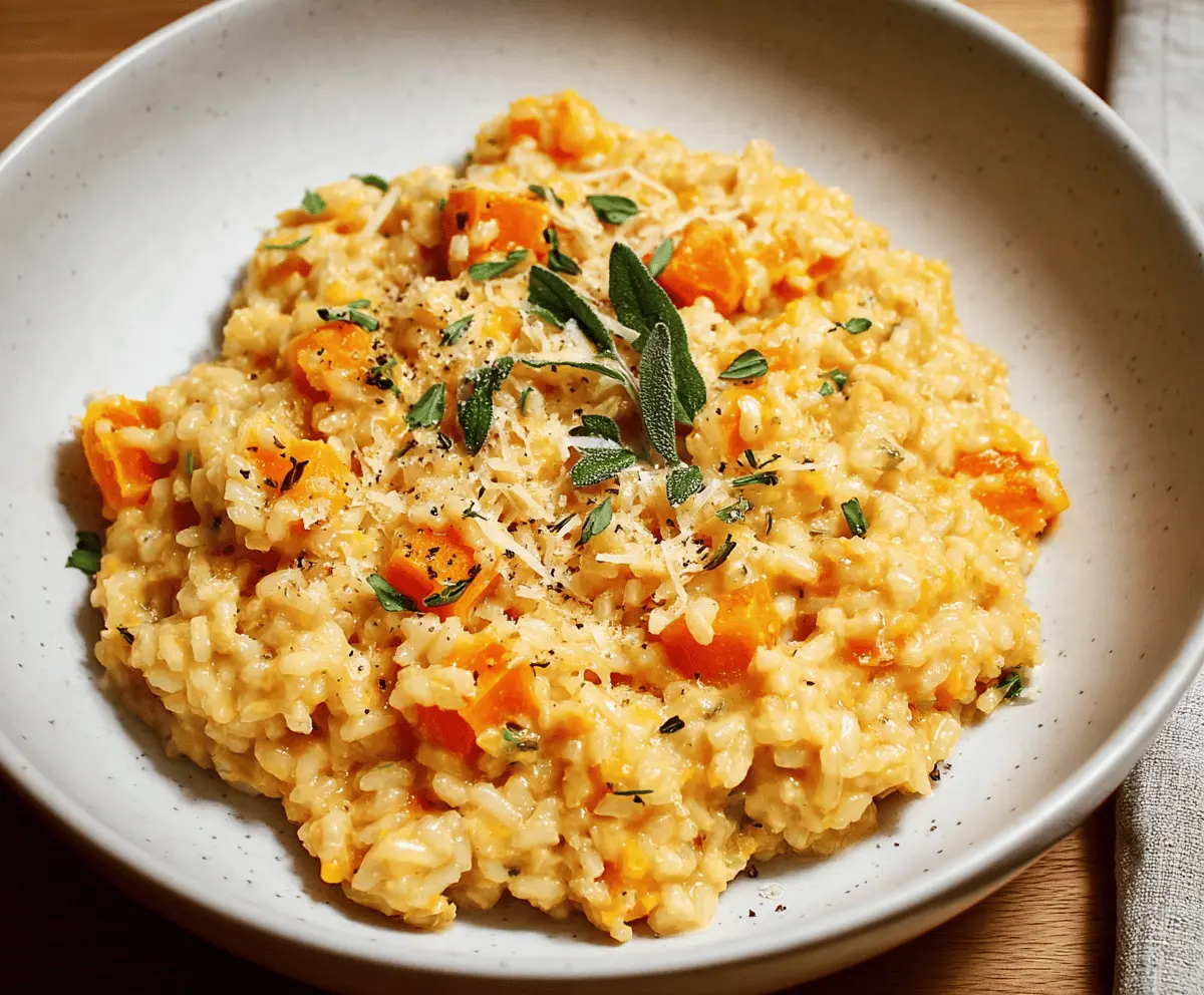 Creamy butternut squash risotto garnished with fresh herbs, served in a white bowl on a rustic wooden table.