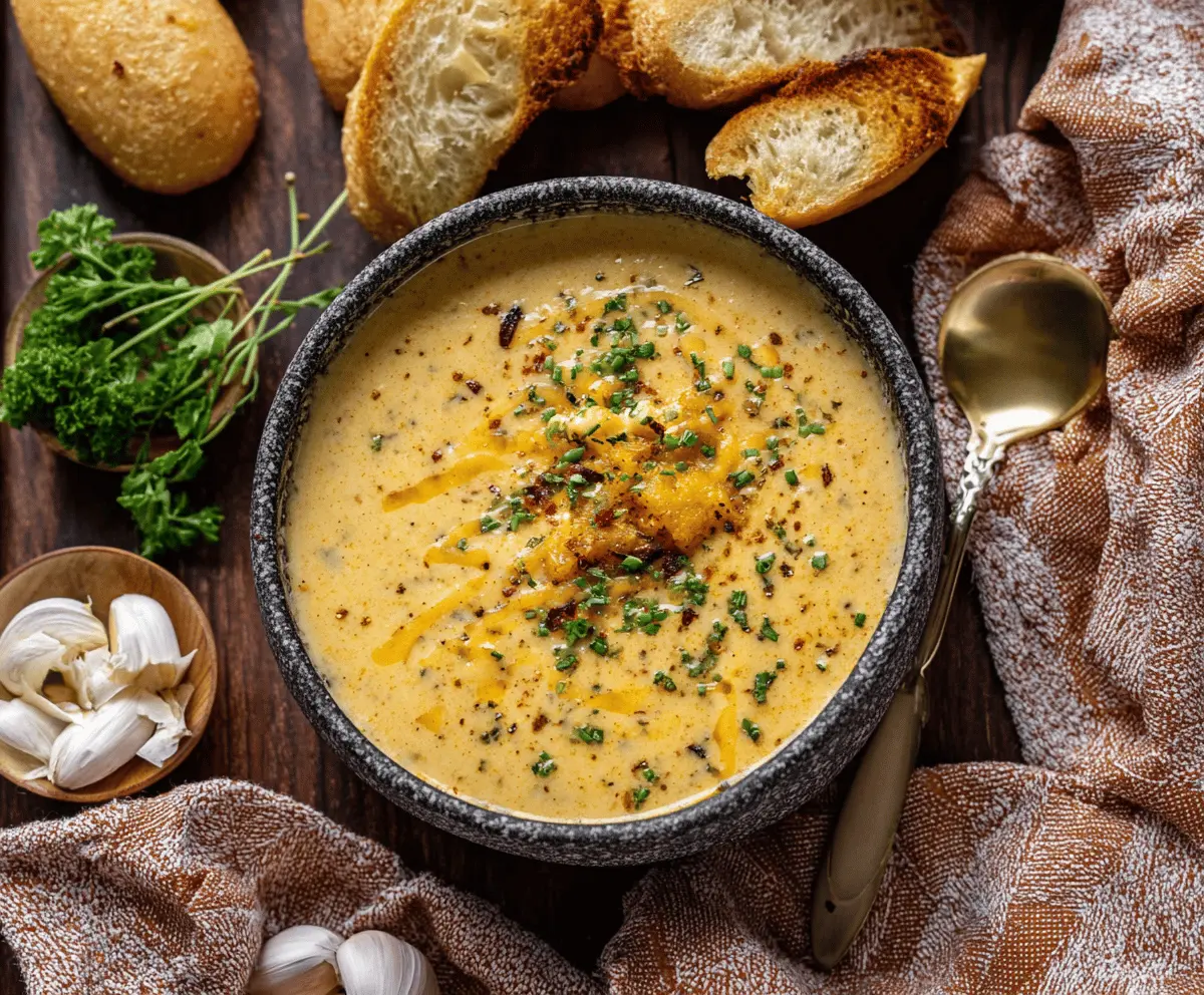 Creamy Cheddar Garlic Herb Potato Soup in a bowl topped with fresh herbs and shredded cheese, perfect for cozy dinners
