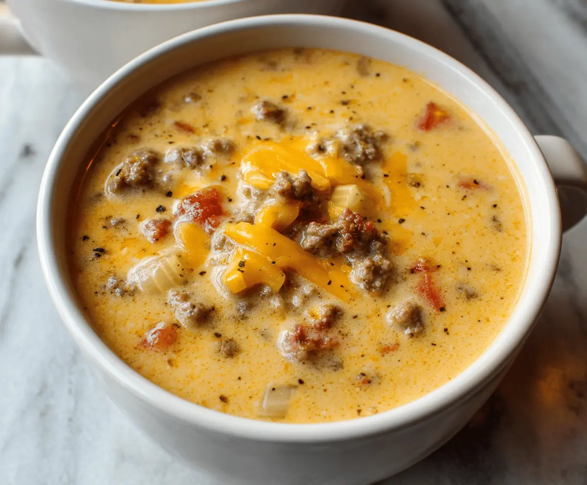 Creamy cheeseburger soup with ground beef, melted cheese, and fresh vegetables served in a bowl