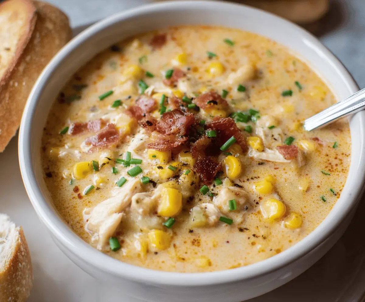 Creamy chicken corn chowder served in a bowl with fresh herbs, highlighting a comforting and hearty soup filled with tender chicken, sweet corn, and vegetables.