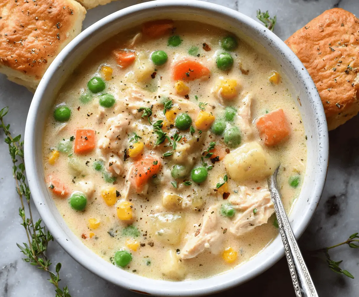 Creamy Chicken Pot Pie Soup in a bowl topped with flaky crust and fresh herbs, perfect for comforting homemade dinner.