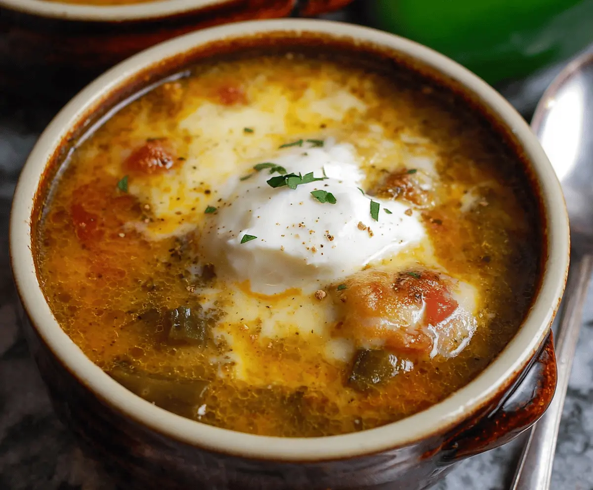 Hearty Chile Relleno Soup with roasted chilies, melted cheese, and fresh herbs in a flavorful broth