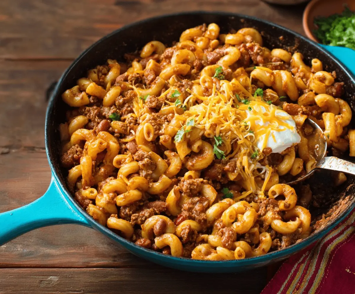 Hearty bowl of chili mac with melted cheese, topped with chopped herbs, served in a white bowl on a rustic wooden table.