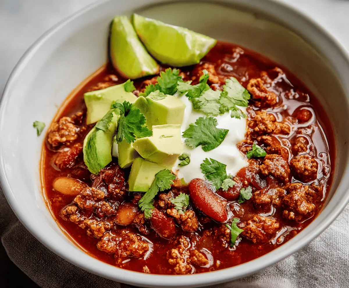 Spicy Chorizo Chili in a bowl with melted cheese, topped with fresh cilantro and chopped onions, ready to serve.