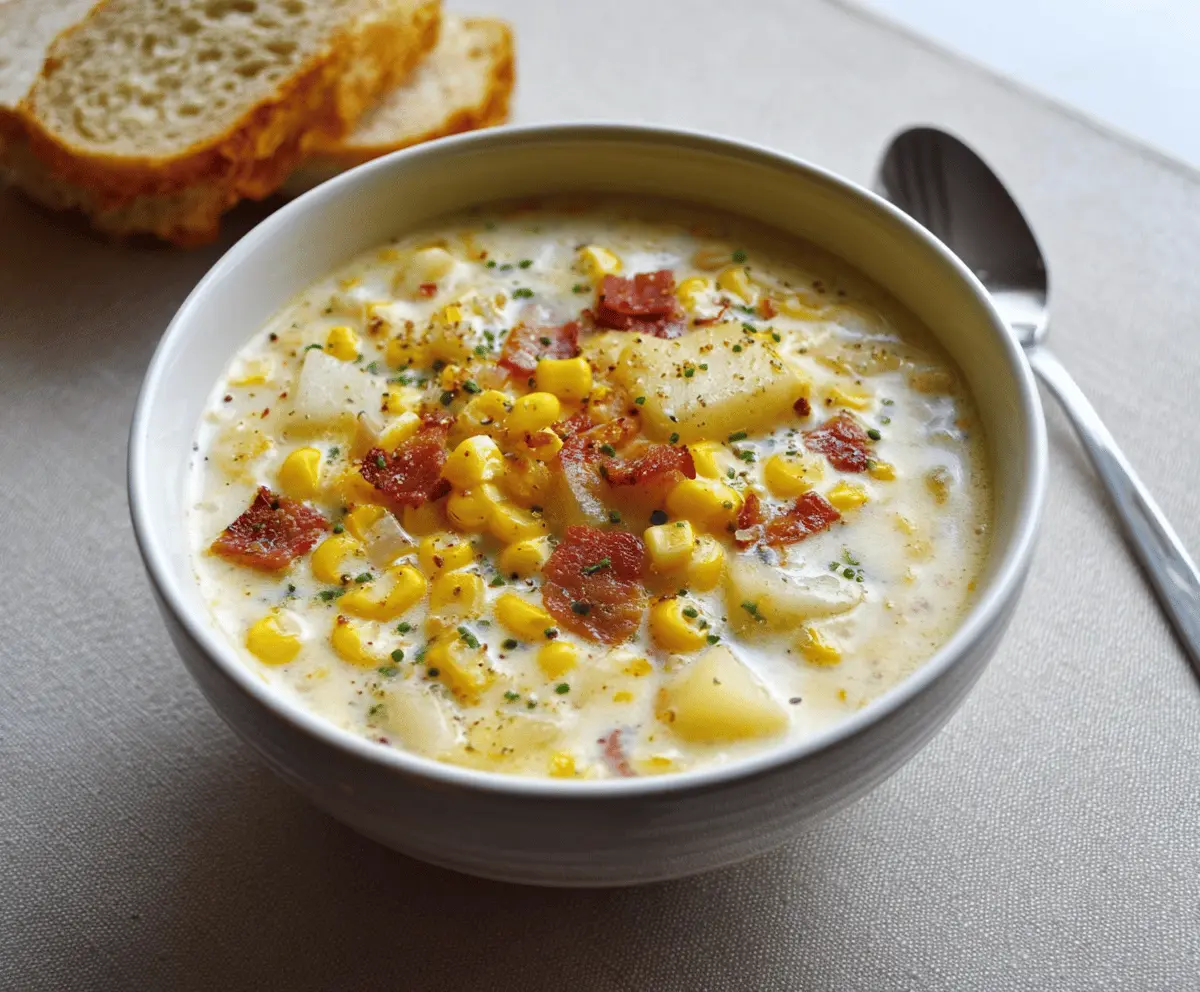 Creamy corn chowder in a bowl topped with fresh herbs, served with crusty bread on a rustic table.