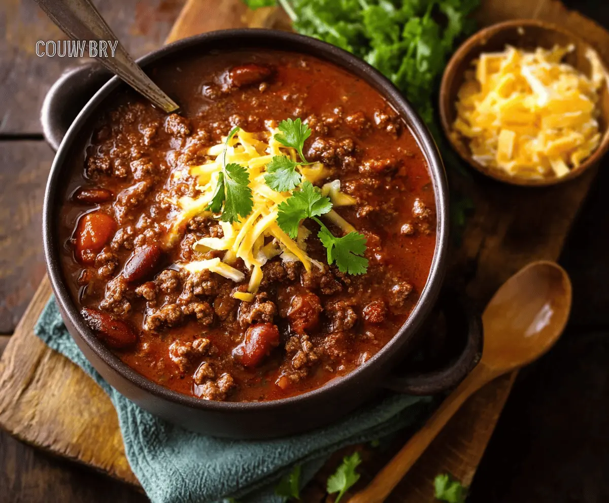 Hearty bowl of Cowboy Chili topped with shredded cheese, sour cream, and chopped green onions, served with a side of cornbread