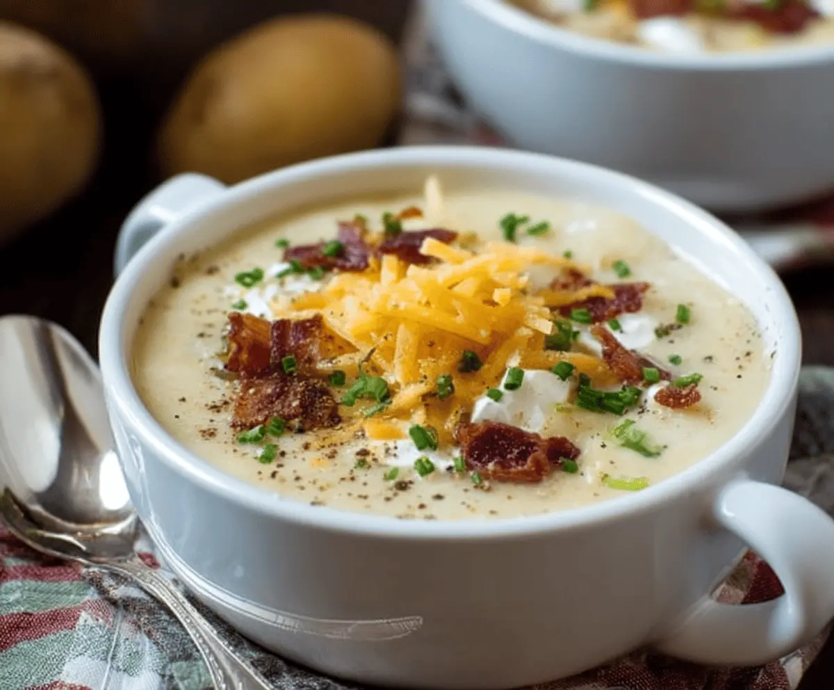 Creamy bacon potato soup in a bowl topped with crispy bacon pieces and fresh herbs, served alongside crusty bread