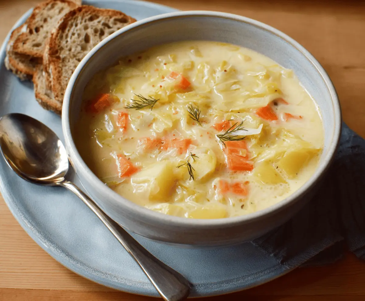 A bowl of creamy cabbage soup garnished with fresh herbs, served in a rustic bowl with chopped vegetables on the side.