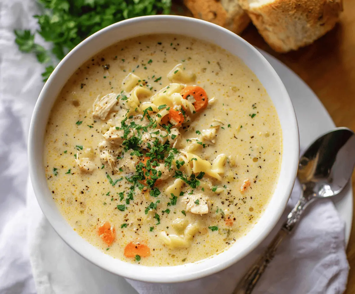 Creamy Chicken Maryland Soup in a bowl with fresh herbs, showcasing tender chicken, vegetables, and a rich, creamy broth—perfect comfort food.