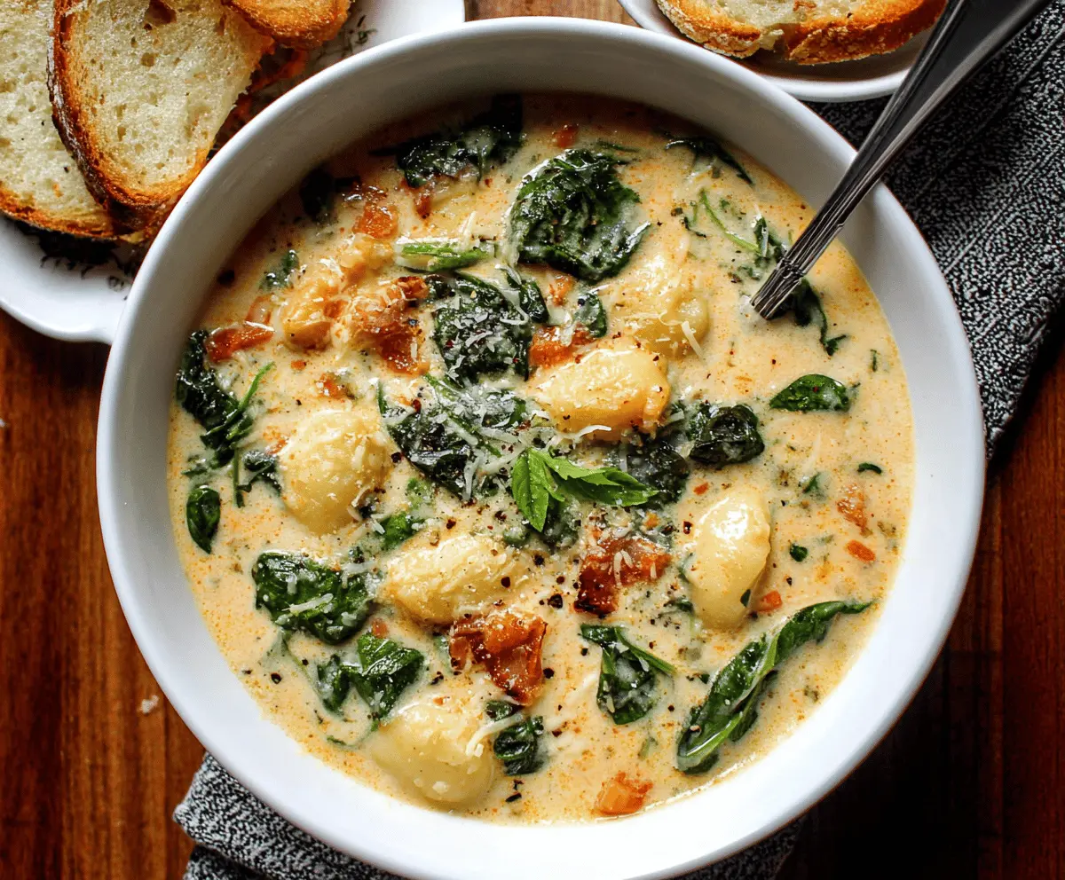 Creamy gnocchi soup in a bowl garnished with fresh herbs and grated cheese, showcasing a comforting and hearty Italian-inspired meal.