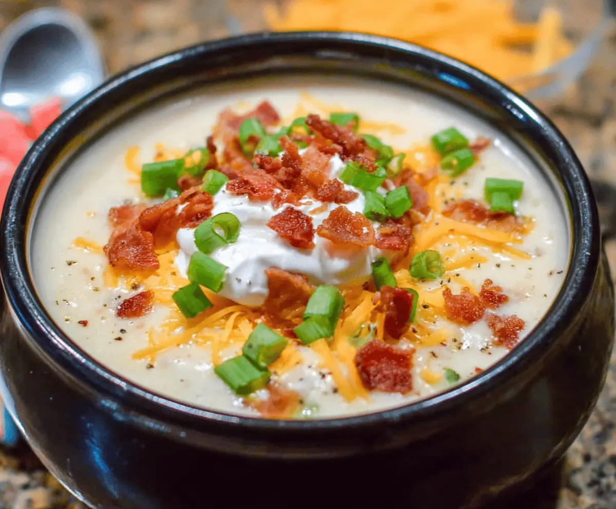 Creamy Crockpot Baked Potato Soup in a bowl topped with shredded cheese, bacon bits, and chopped green onions, served alongside a slice of bread.
