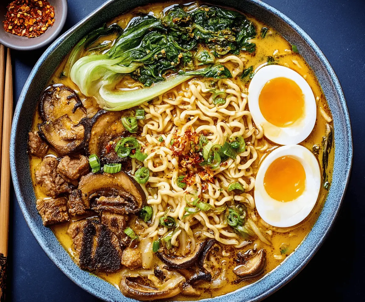 A steaming bowl of curry ramen soup garnished with green onions and sliced vegetables, featuring rich broth and noodles, served in a white ceramic bowl.