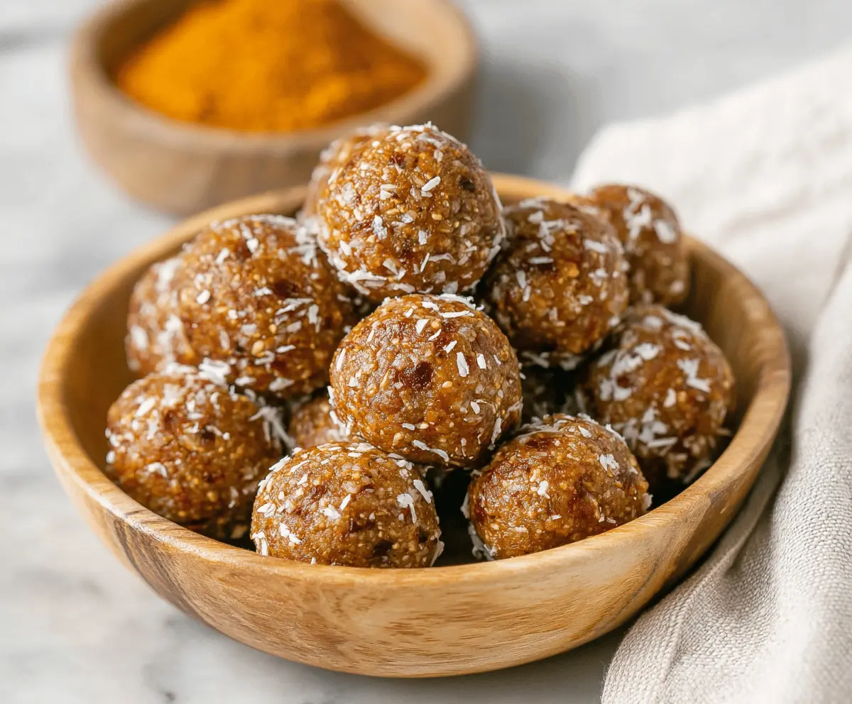 Healthy Date-Sweetened Pumpkin Protein Balls on a white plate with a spoon, featuring a close-up view of their textured surface and autumn-themed background.