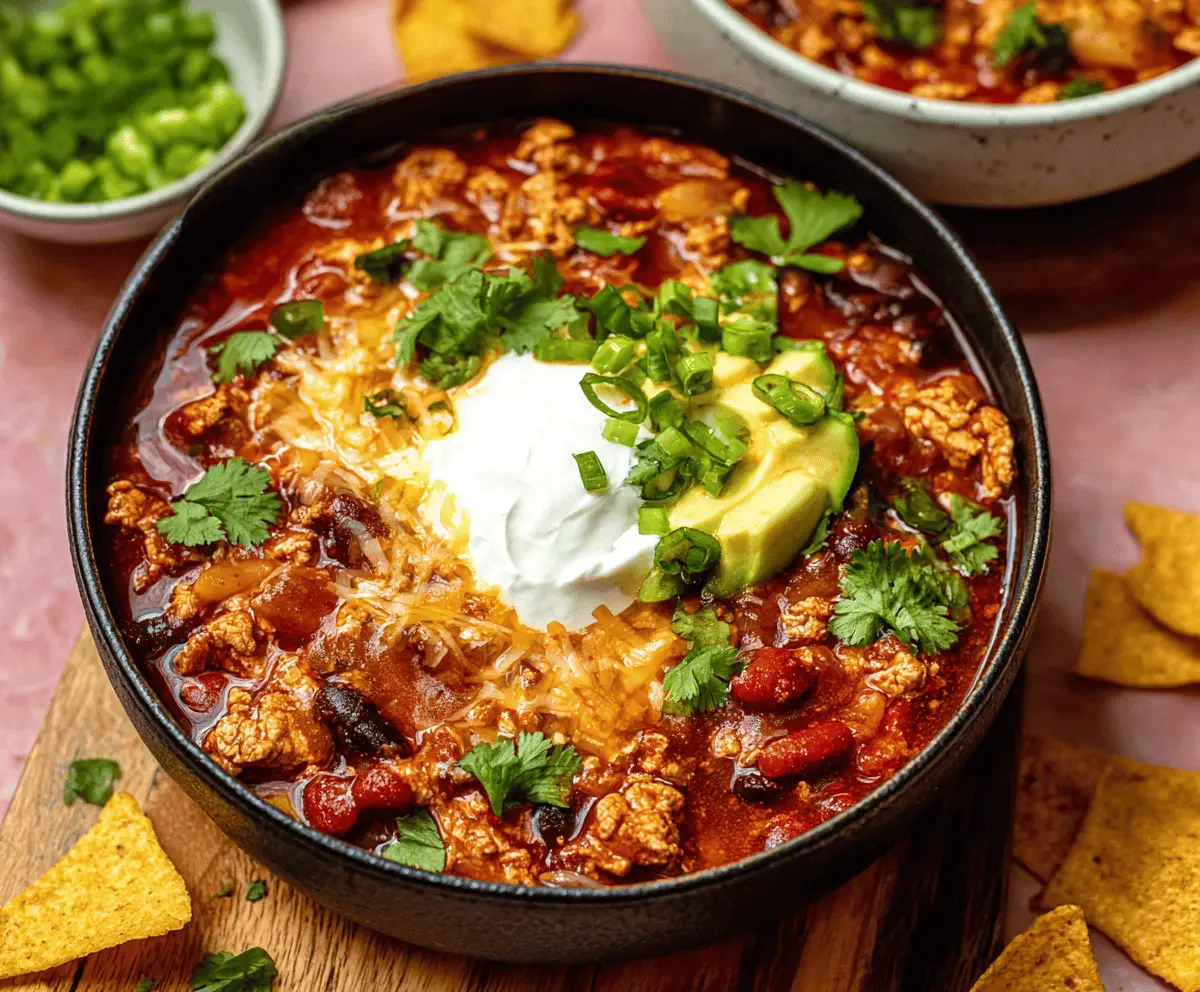 Spicy Enchilada Chili in a bowl topped with shredded cheese, fresh cilantro, and sour cream, served with warm tortillas on a rustic wooden table.