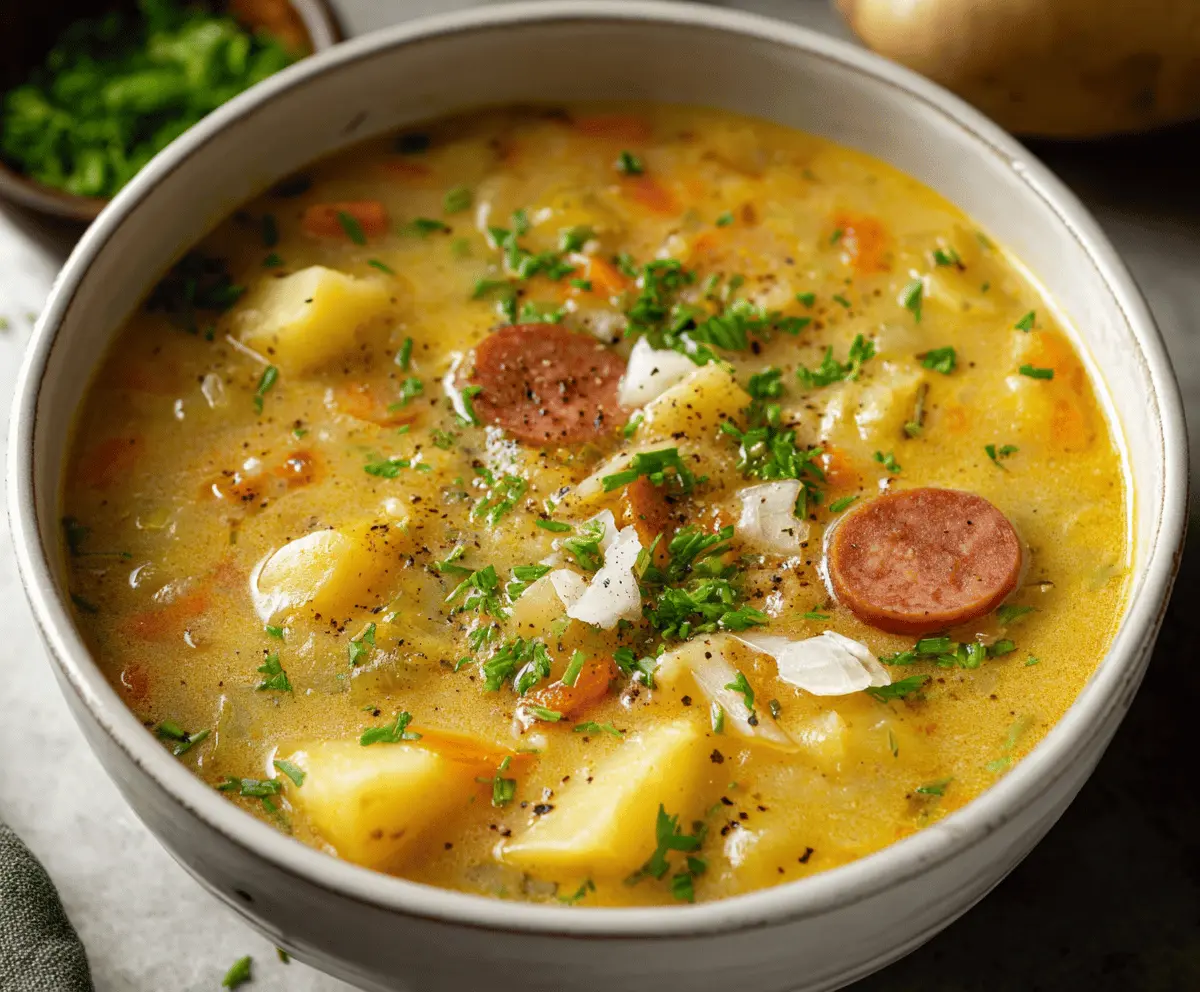 Creamy German Potato Soup garnished with fresh herbs and served in a rustic bowl, perfect for a hearty meal
