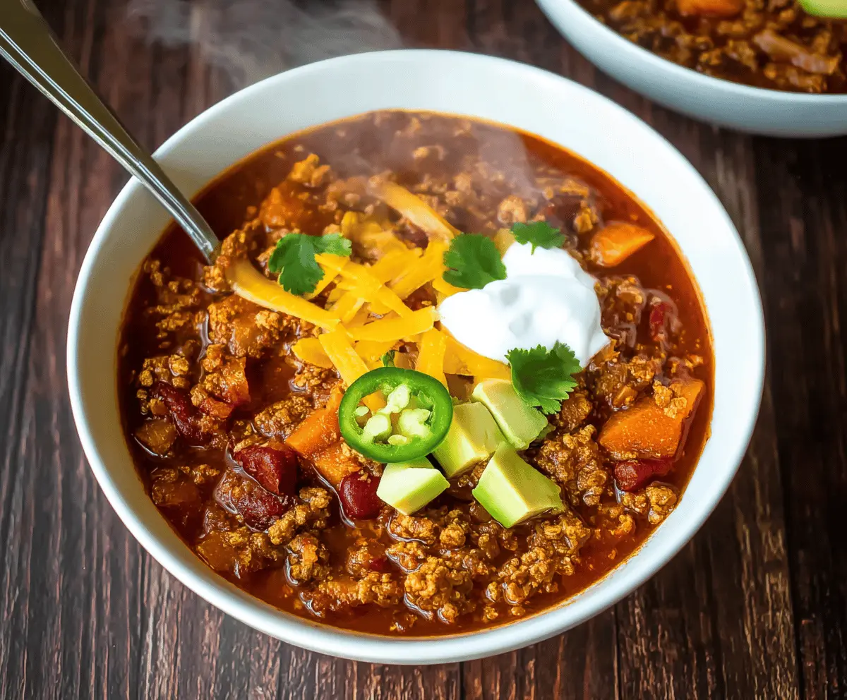 A bowl of healthy homemade chili topped with fresh herbs, featuring beans, vegetables, and lean meat for a nutritious and flavorful meal.