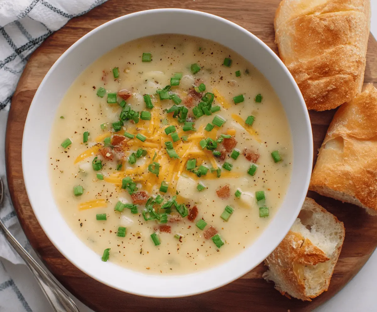 Creamy Instant Pot Potato Soup topped with shredded cheese and chopped green onions in a white bowl, ready to serve.