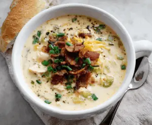 Creamy Jalapeño Popper Chicken Soup topped with melted cheese, crispy bacon, and fresh herbs, showcasing a spicy and cheesy comfort food dish.