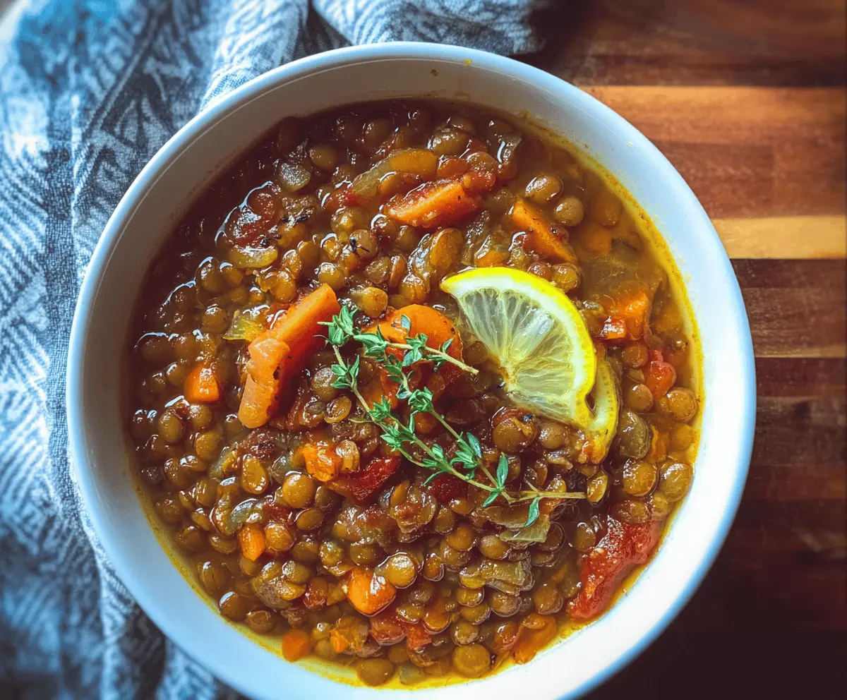 A steaming bowl of hearty lentil soup garnished with fresh herbs, served with bread on a rustic wooden table.