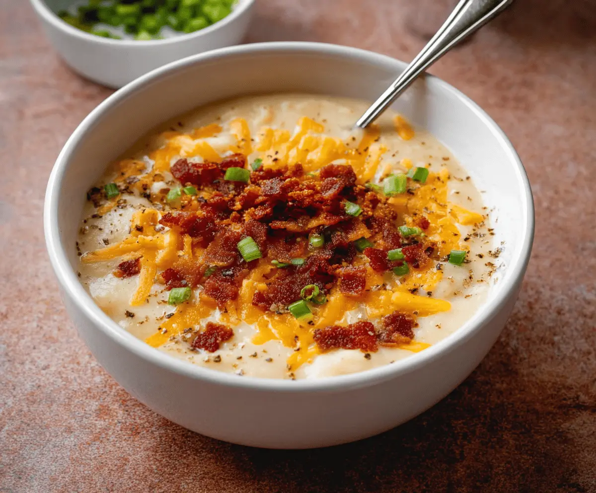 Creamy loaded potato soup topped with shredded cheese, crispy bacon bits, chopped green onions, and a dollop of sour cream in a rustic bowl.