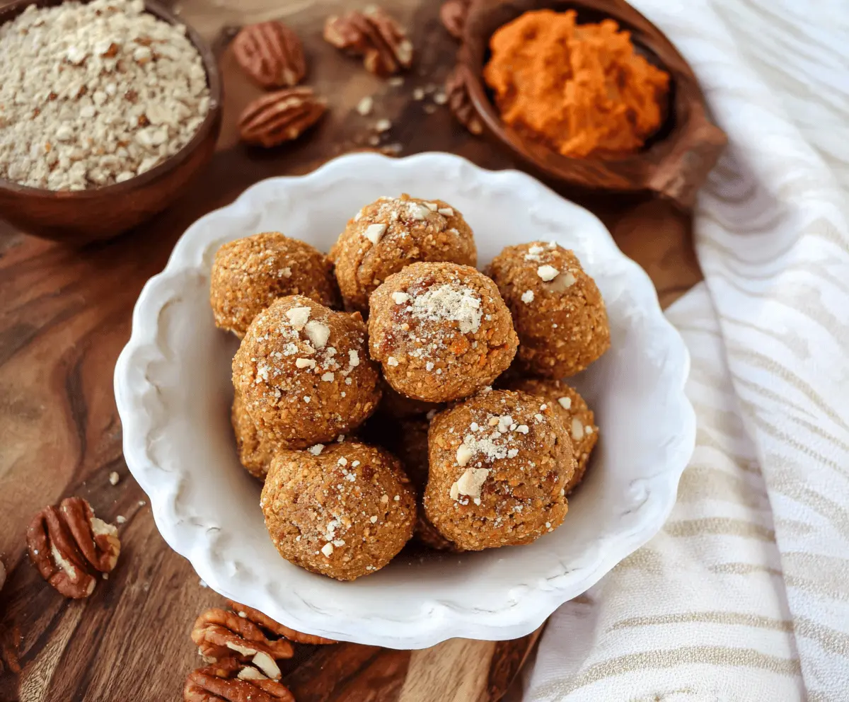 Delicious Maple Pecan Pumpkin Protein Balls on a white plate, featuring a crunchy pecan coating and a fall-inspired flavor with pumpkin, maple syrup, and protein-rich ingredients.