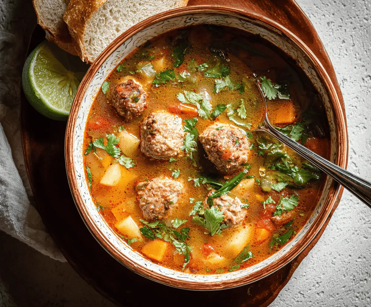 A steaming bowl of Mexican Albondigas Soup featuring meatball meatballs, vegetables, and herbs in flavorful broth.
