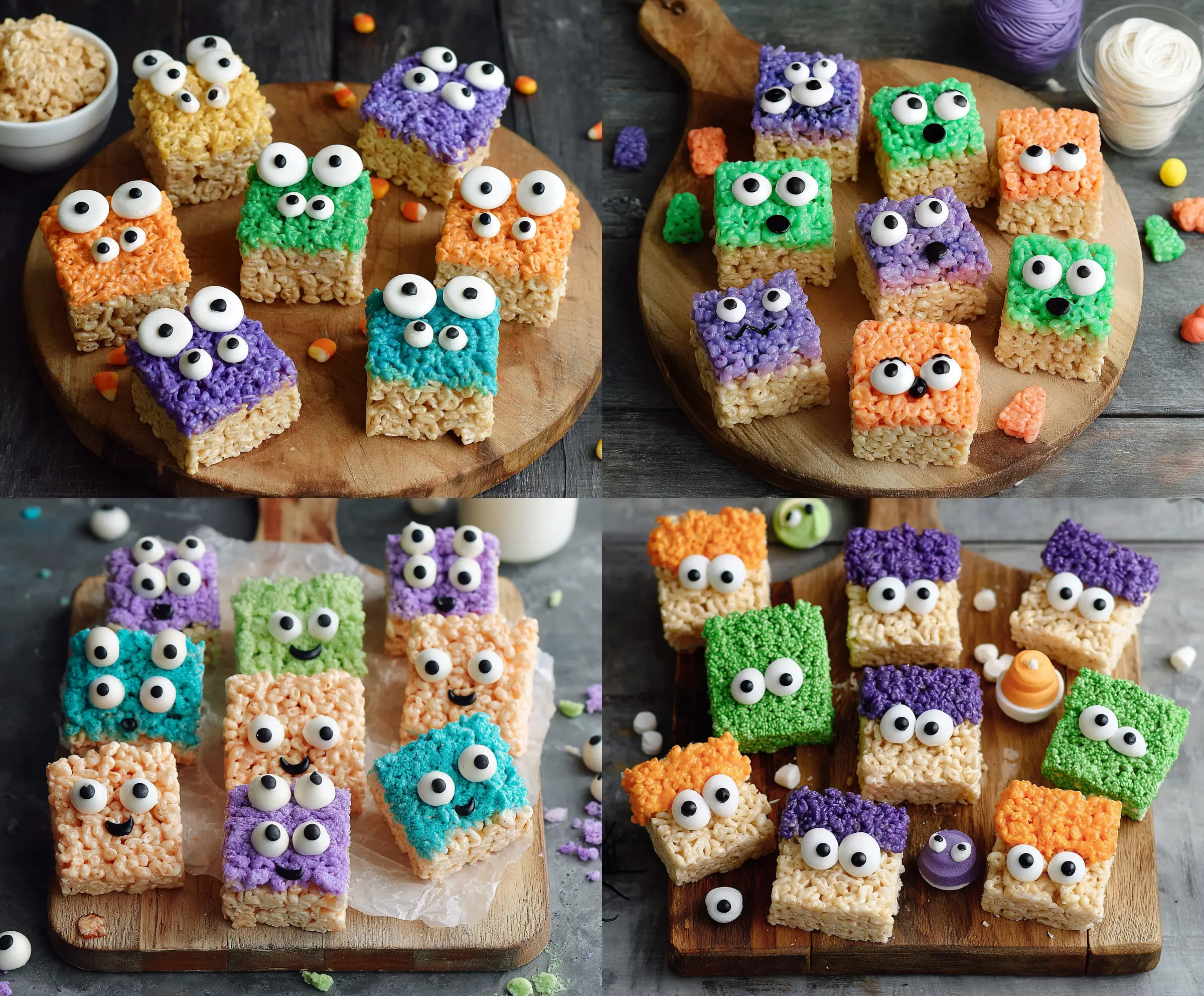 Colorful Monster Rice Krispie Treats decorated with vibrant candy eyes and colorful sprinkles, perfect for kids' parties