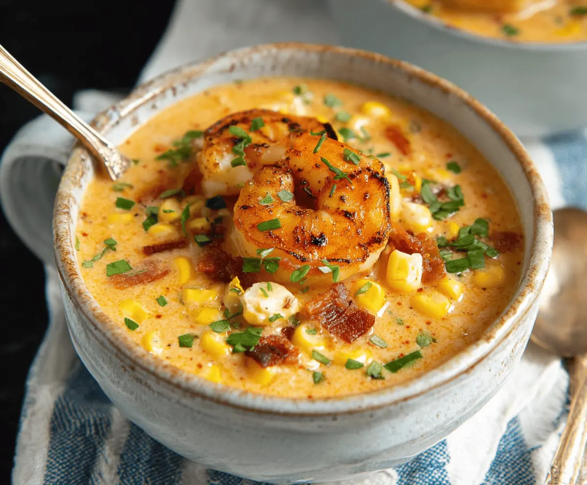 Creamy New Orleans Shrimp and Corn Bisque served in a bowl, garnished with fresh herbs and spices, perfect for a flavorful seafood soup experience.