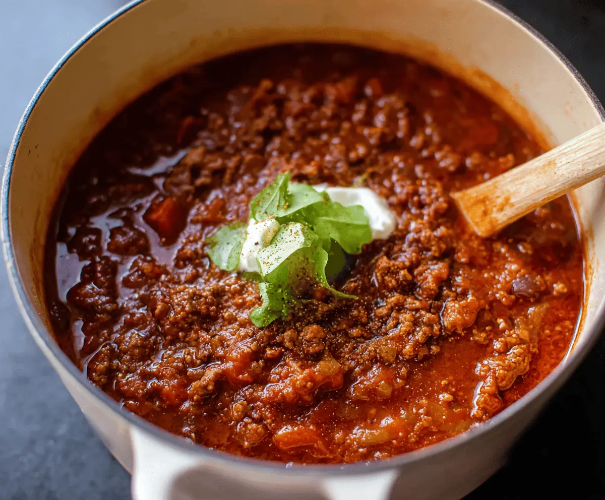 Hearty no-bean chili in a bowl topped with shredded cheese and chopped green onions, served with cornbread on the side.