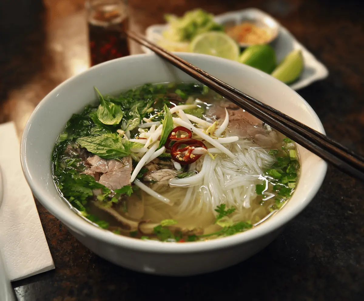 A steaming bowl of traditional Vietnamese pho featuring rice noodles, tender beef slices, fresh herbs, bean sprouts, and lime wedges in aromatic broth.