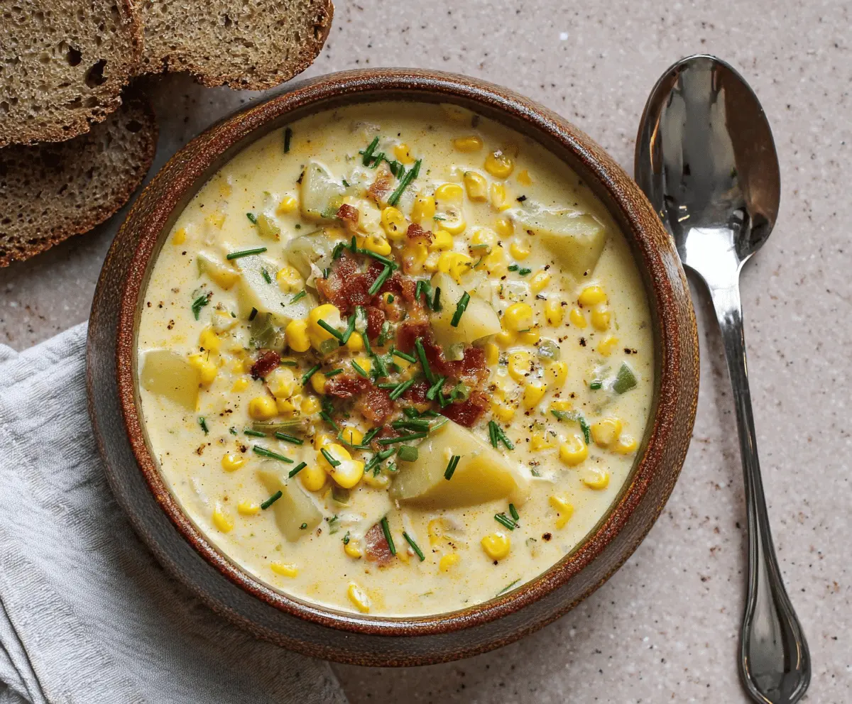 Creamy potato and corn chowder in a bowl with fresh herbs, served with bread on a rustic wooden table