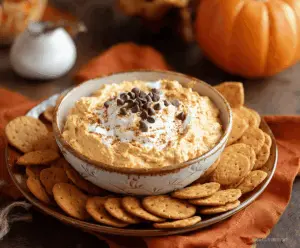Creamy pumpkin cannoli dip topped with chocolate chips and crushed cookies, served in a bowl for a festive fall dessert.