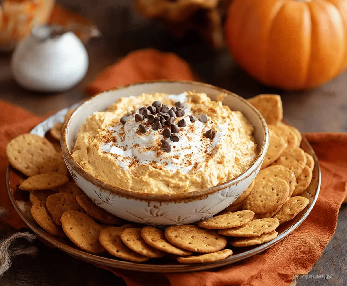 Creamy pumpkin cannoli dip topped with chocolate chips and crushed cookies, served in a bowl for a festive fall dessert.
