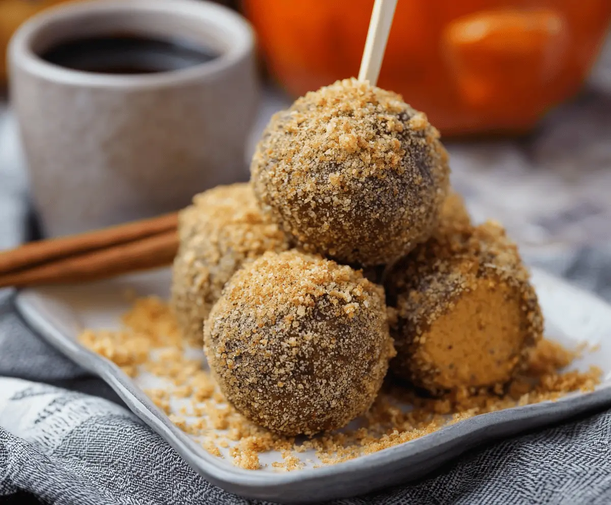 Creamy pumpkin cheesecake protein balls on a white plate, garnished with crushed graham crackers and a sprinkle of cinnamon, perfect for healthy snacking