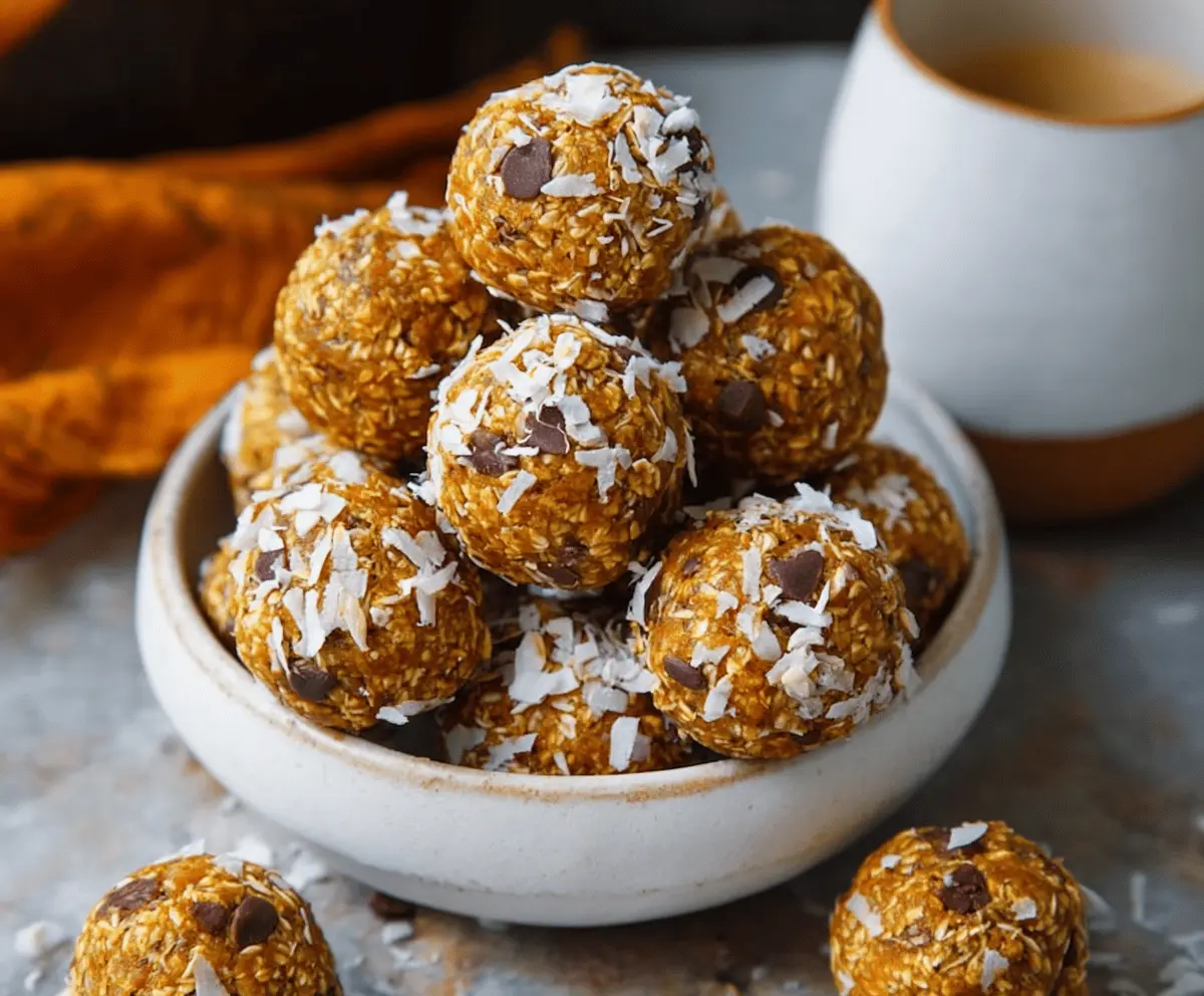 Healthy pumpkin protein balls with oats, nuts, and pumpkin seeds, perfect for a nutritious snack or energy bite.