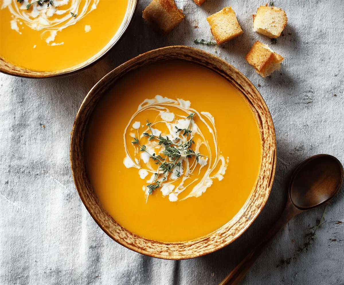 Creamy roasted butternut squash soup garnished with fresh herbs in a white bowl, perfect for a warm, comforting meal.