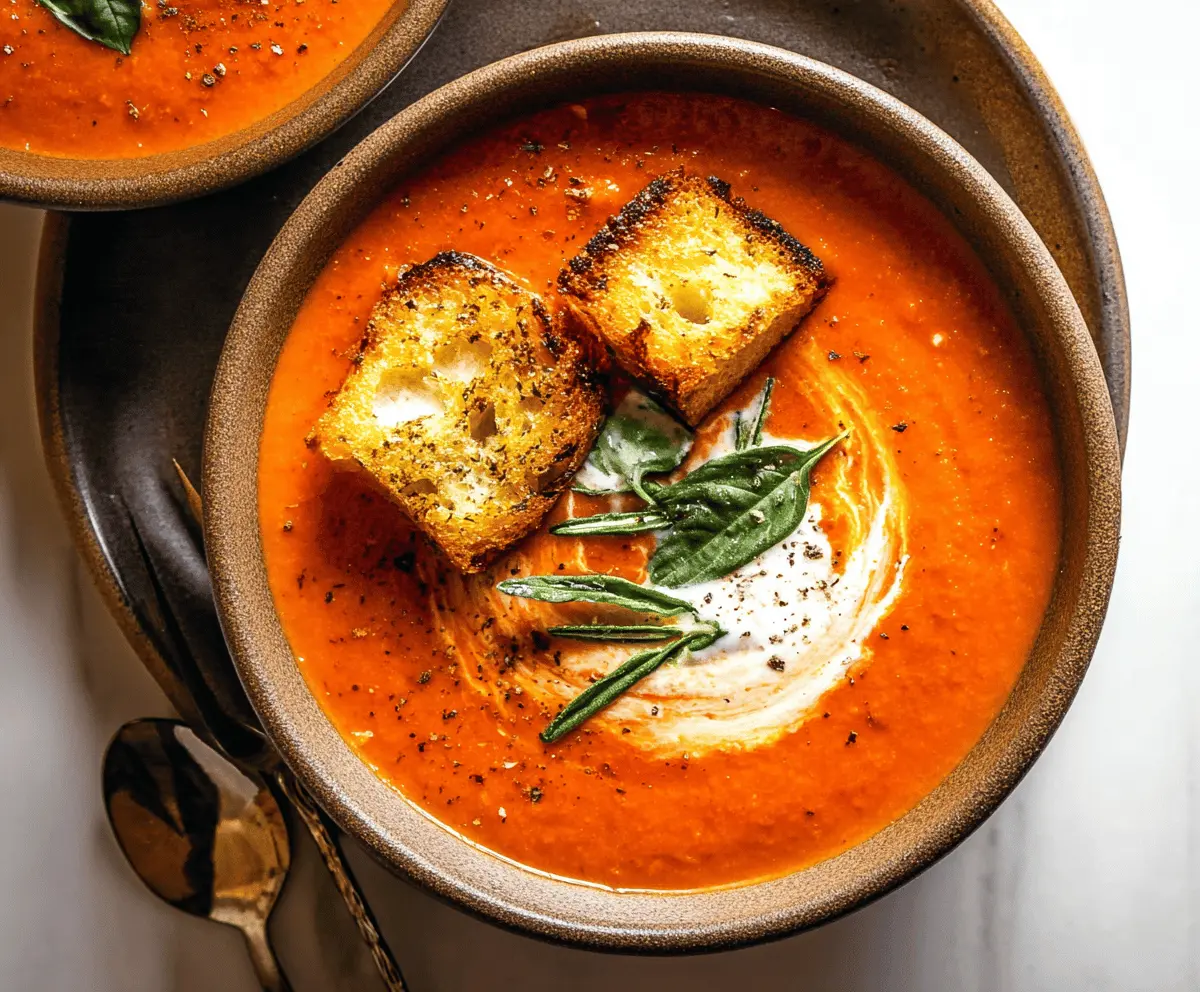 A bowl of creamy roasted tomato soup garnished with fresh basil leaves and served with crusty bread on the side.