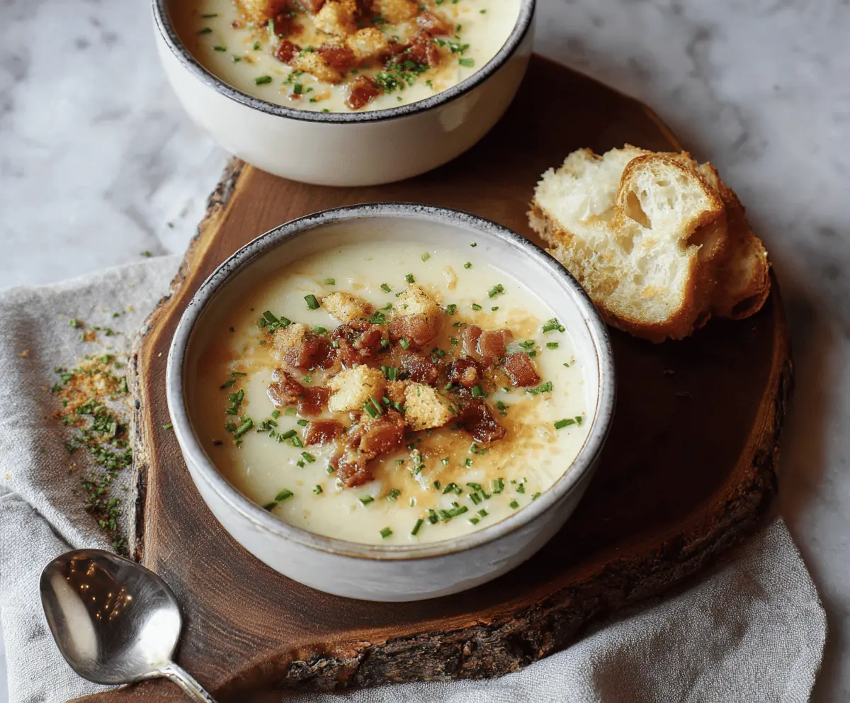 Creamy smoked gouda potato soup served in a bowl, garnished with fresh herbs and crispy bacon bits for a comforting and flavorful meal.