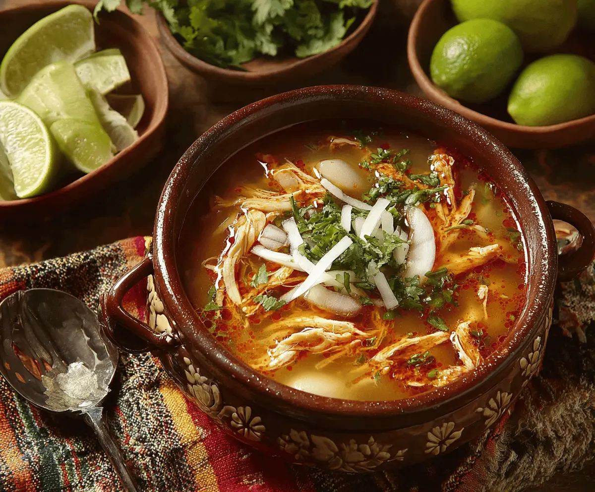 A steaming bowl of Sopa de Lima garnished with lime wedges and fresh herbs, showcasing vibrant Mexican lime soup with shredded chicken and colorful vegetables.