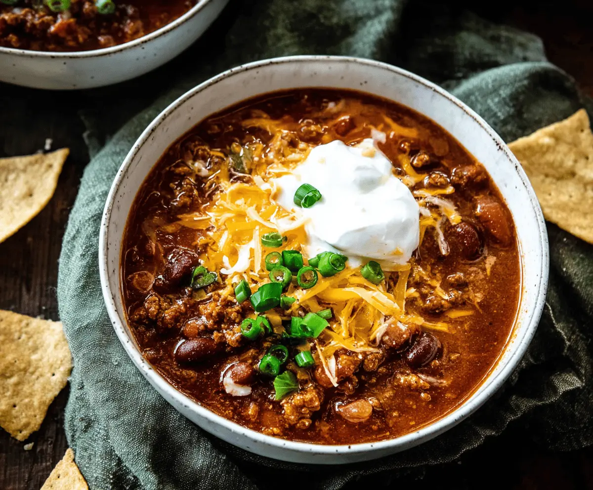 A steaming bowl of homemade stovetop chili topped with shredded cheese and fresh herbs, served in a rustic bowl with a spoon on a wooden table.