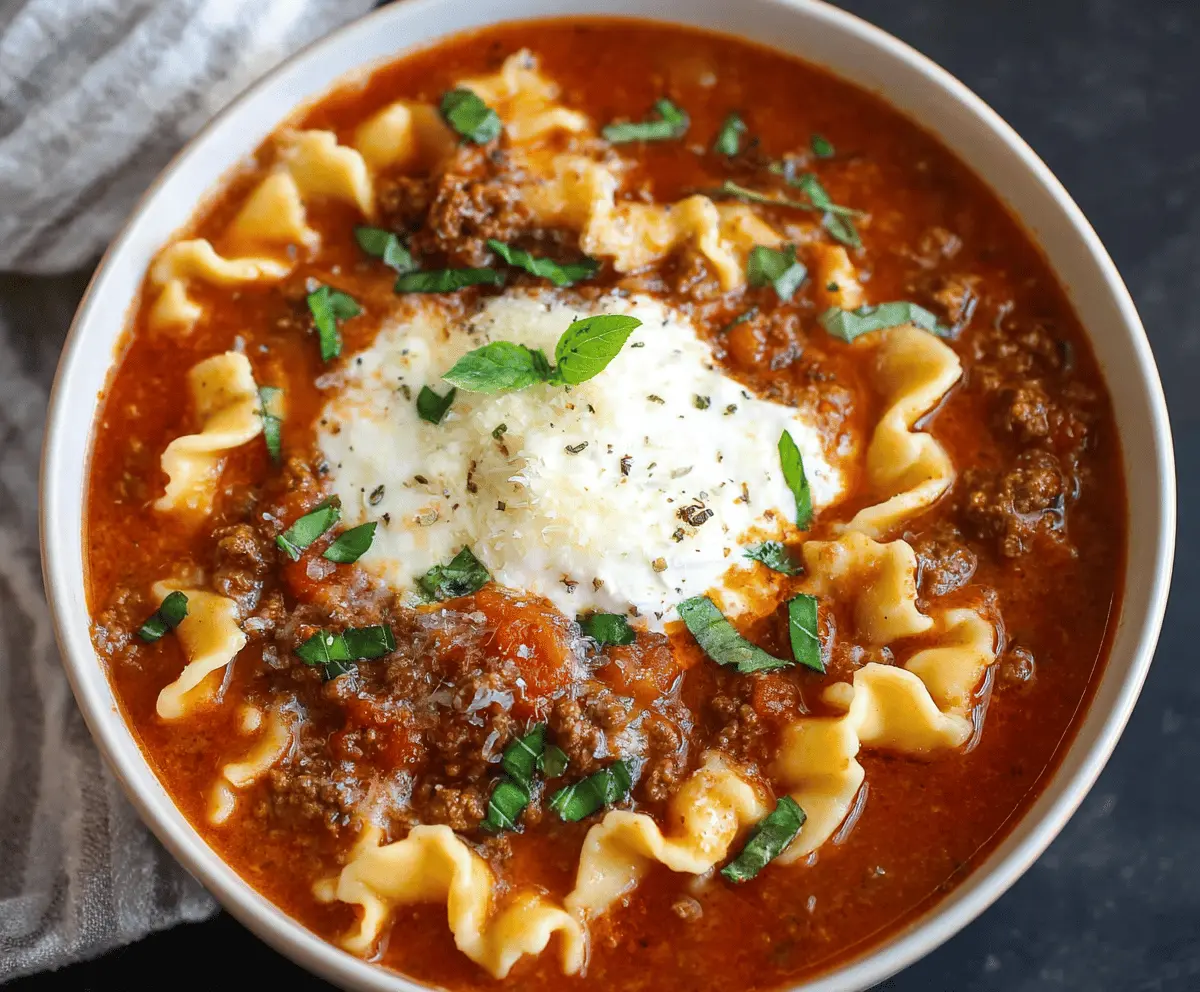 Delicious stovetop ground beef lasagna soup topped with melted cheese and fresh basil in a bowl