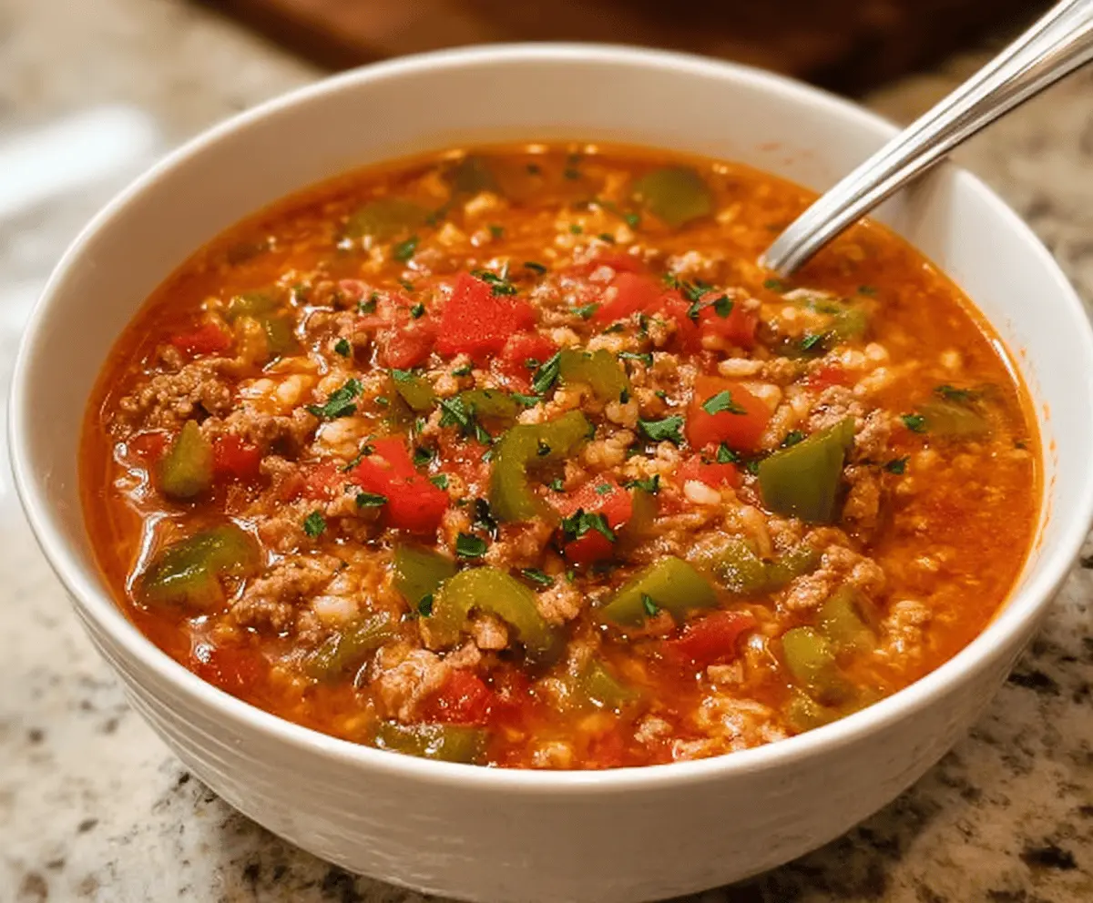 Creamy stuffed bell pepper soup garnished with fresh herbs in a white bowl, showcasing colorful bell peppers, melted cheese, and savory ingredients